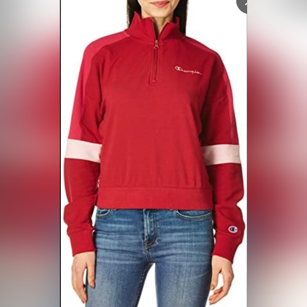 Champion Campus Quarter 1/4 Zip Crop Pullover Jacket Red Pink Top Size L